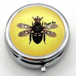 Vibrant Yellow Queen Bee Royal Crown Travel Container Decorative Purse Pill Box